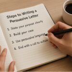 A person drafting a persuasive letter with pen and notebook on a desk