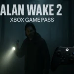 Alan Wake 2 gameplay with flashlight in dark forest on Xbox Game Pass