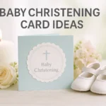 Pastel christening card beside baby shoes and candle