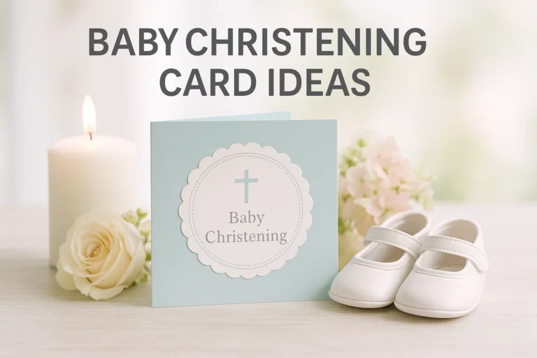 Pastel christening card beside baby shoes and candle