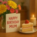 Birthday card with heartfelt wishes for mum on a table with flowers and cake