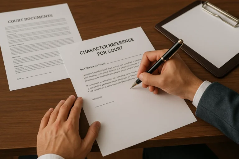 Person writing a formal character reference letter for court