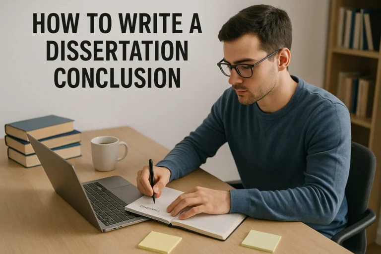 Student writing a dissertation conclusion with notes and laptop