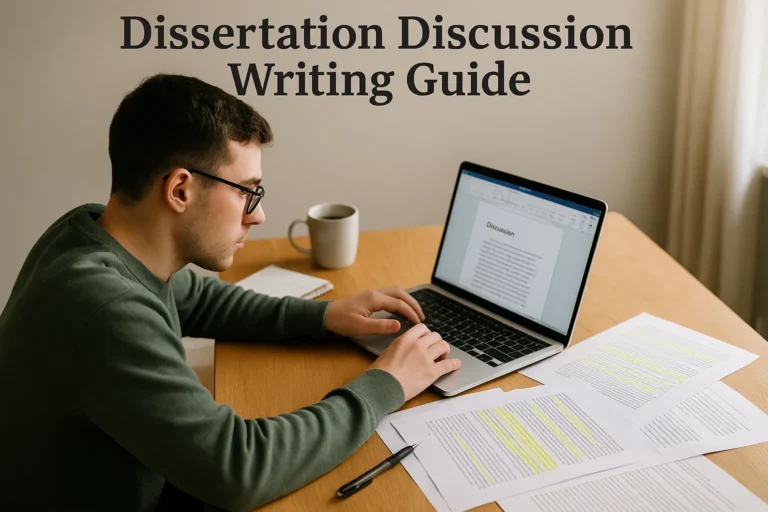 Student writing a dissertation discussion chapter on a laptop