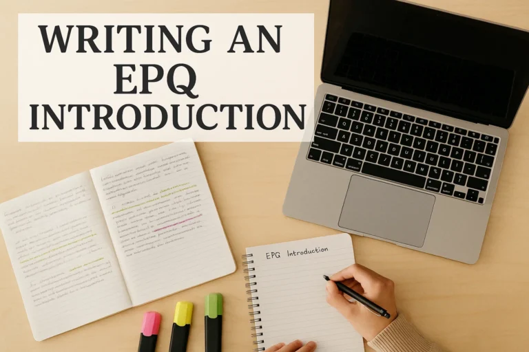 Student writing an EPQ introduction with notes and laptop
