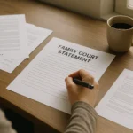 Person writing a statement for family court using a printed template