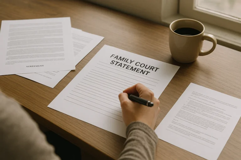 Person writing a statement for family court using a printed template