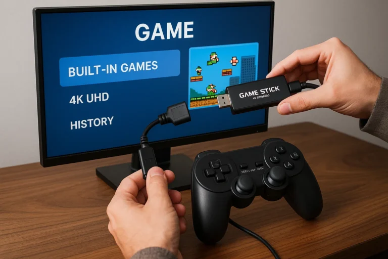 Game Stick console setup showing retro and 4K games list