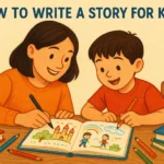 Parent and child writing a creative story together for kids
