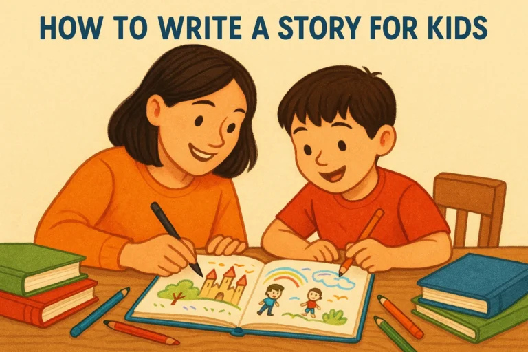 Parent and child writing a creative story together for kids
