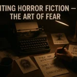 Writer creating horror fiction notes beside typewriter under dim light