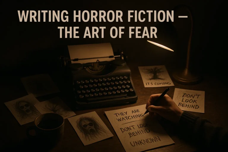 Writer creating horror fiction notes beside typewriter under dim light