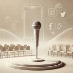 image of a microphone on an empty stage, with fading social media icons in the background, symbolizing James Acaster's disconnect from online platforms