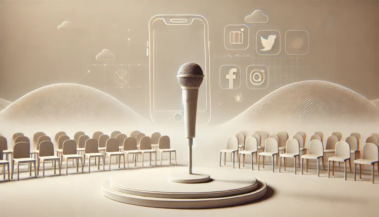 image of a microphone on an empty stage, with fading social media icons in the background, symbolizing James Acaster's disconnect from online platforms