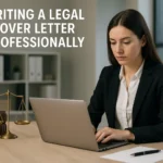 Woman writing legal cover letter at desk in modern UK office