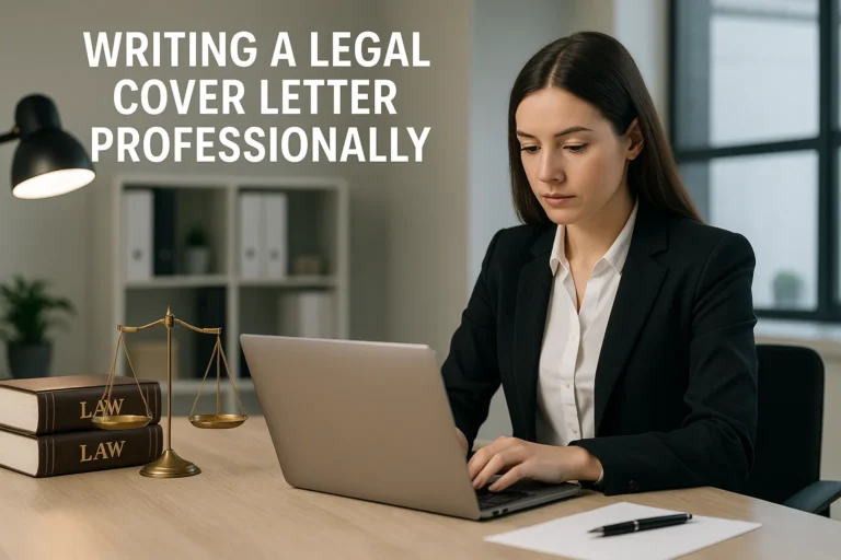 Woman writing legal cover letter at desk in modern UK office