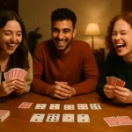 People playing Shithead card game at a table with laughter and cards