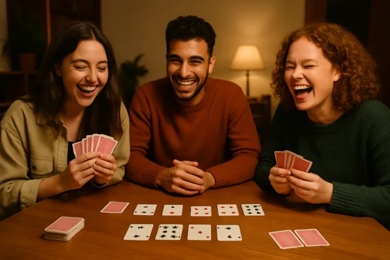People playing Shithead card game at a table with laughter and cards