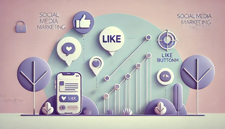 Minimal landscape illustration representing social media marketing with icons of a speech bubble, like button, graph, and smartphone.