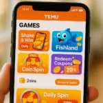 Temu games dashboard showing free reward icons and coins