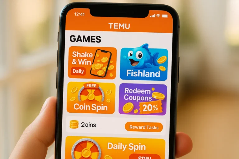 Temu games dashboard showing free reward icons and coins