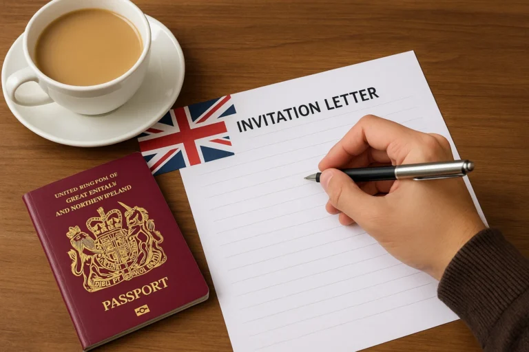 Person writing an invitation letter for a UK visa beside a UK passport