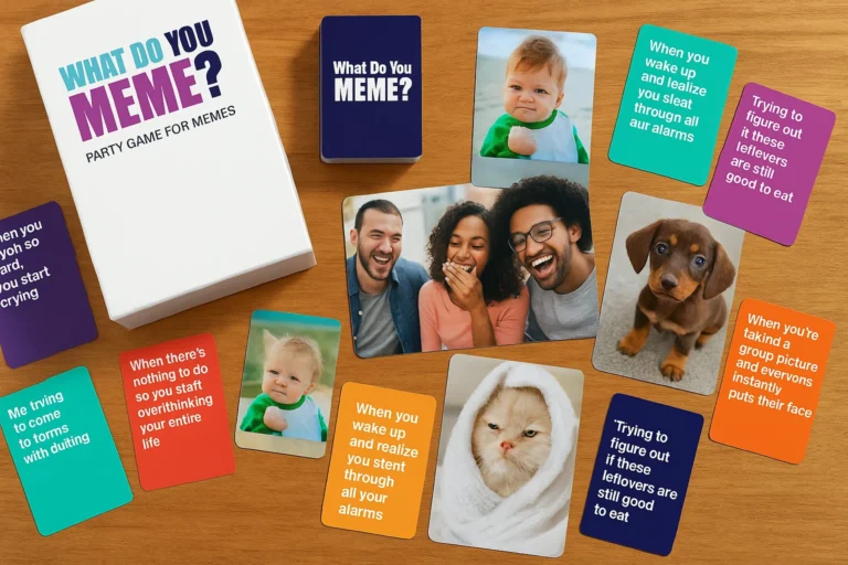 What Do You Meme card game with caption and image cards on table