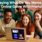 Group of friends enjoying What Do You Meme online game on a laptop