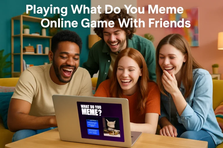 Group of friends enjoying What Do You Meme online game on a laptop