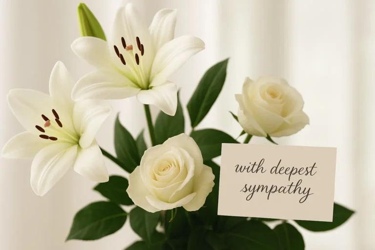 White lilies and roses with a sympathy card showing funeral flower message ideas.