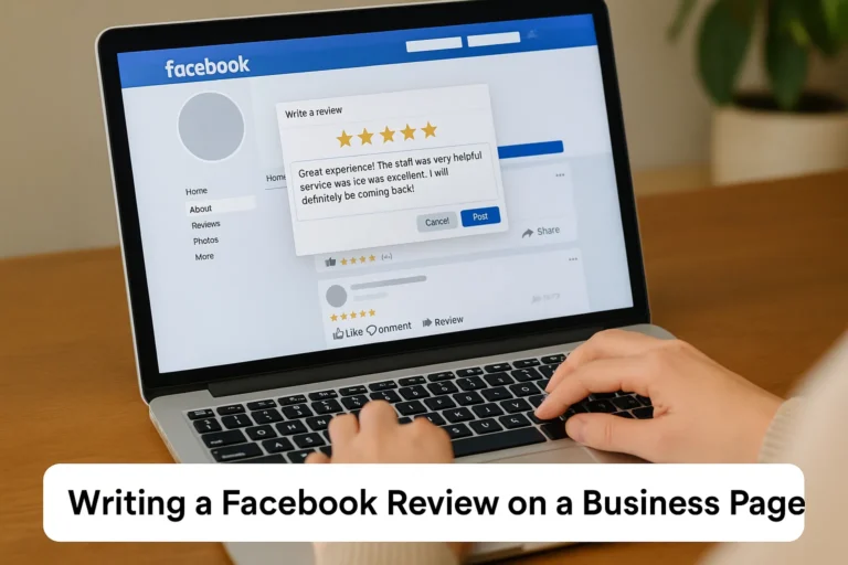 User writing a Facebook review on a laptop screen