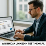 Person writing a testimonial on LinkedIn at a laptop