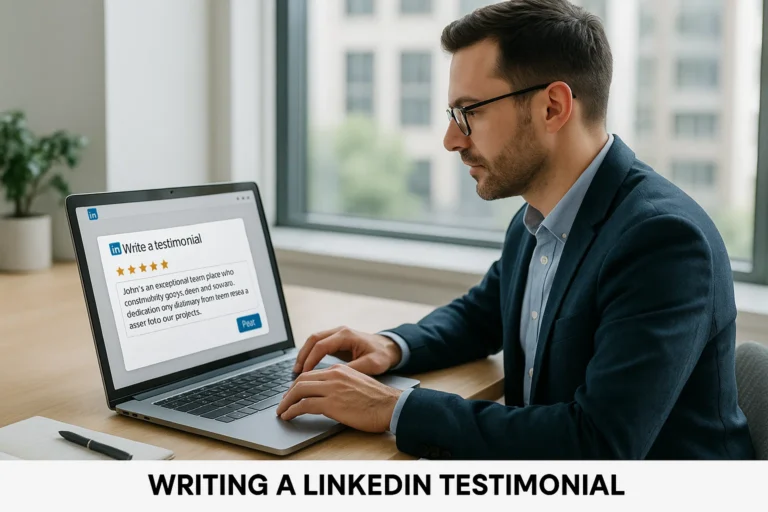 Person writing a testimonial on LinkedIn at a laptop