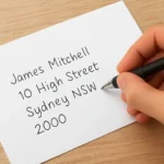 Person writing a proper Australian address on envelope