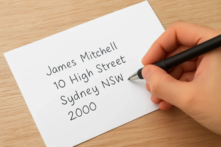Person writing a proper Australian address on envelope