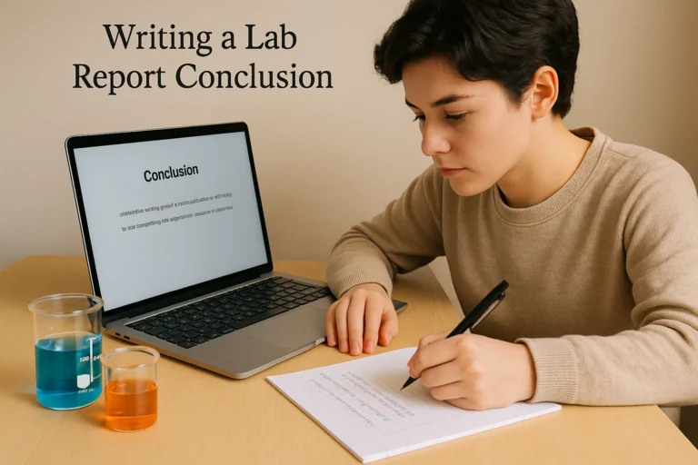 Student writing a conclusion in a lab report with notes and laptop