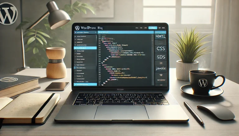 Minimalistic workspace showing a laptop with WordPress editor open, featuring HTML, CSS, and JavaScript code snippets on screen, with coffee cup and notebook on desk