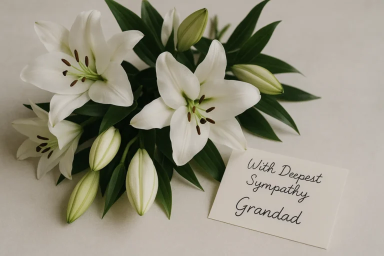 White funeral flowers with a sympathy card for grandad