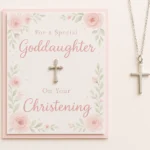 A delicate christening card with soft pink and white design, lying next to a cross pendant