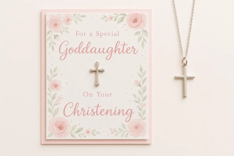 A delicate christening card with soft pink and white design, lying next to a cross pendant