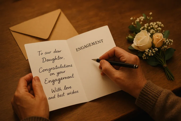 Parent writing an engagement card for their child with love and pride
