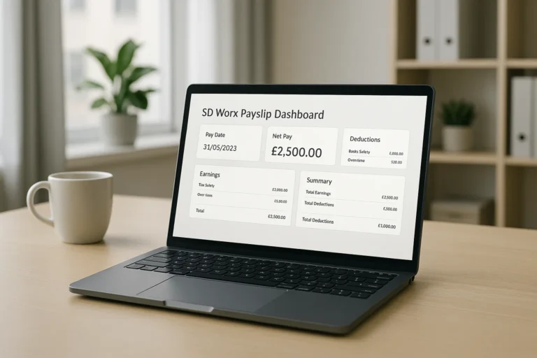 Employee viewing SD Worx payslip dashboard on laptop