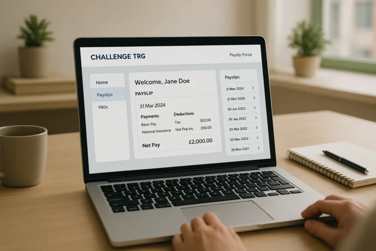 Employee viewing Challenge TRG payslip portal on laptop