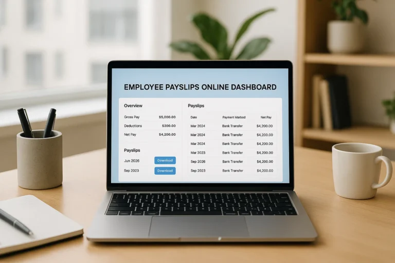 Online payroll dashboard showing employee payslips