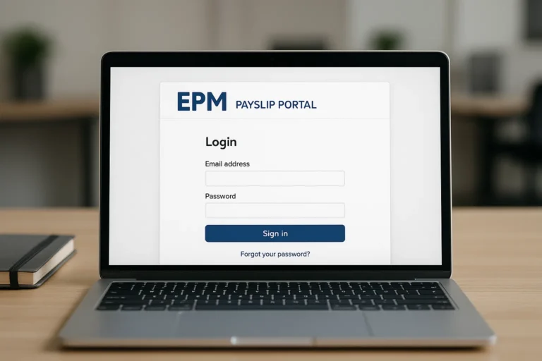 EPM payslip login portal on a laptop screen