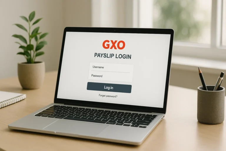 GXO payslip login dashboard on laptop