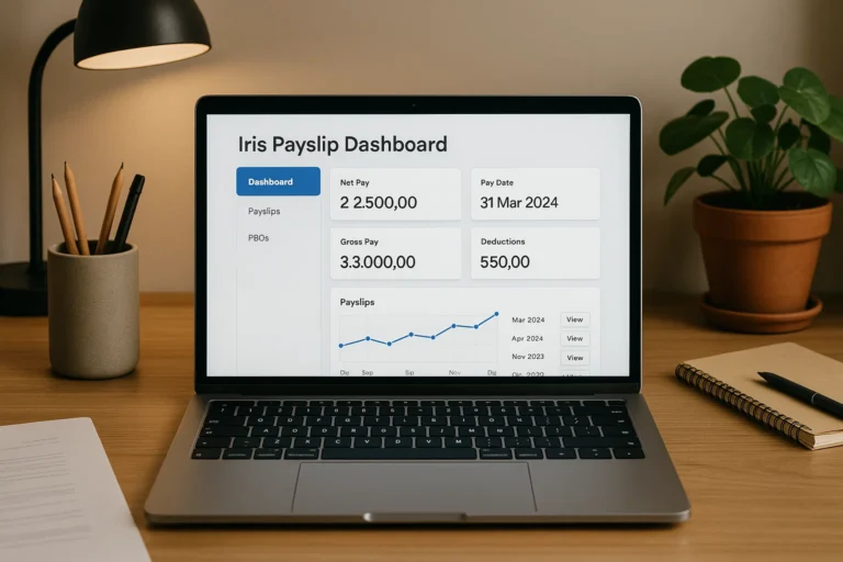 Employee payroll dashboard showing Iris payslip access