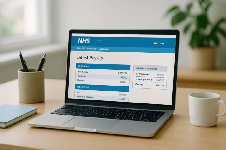 NHS payslip ESR login dashboard on laptop