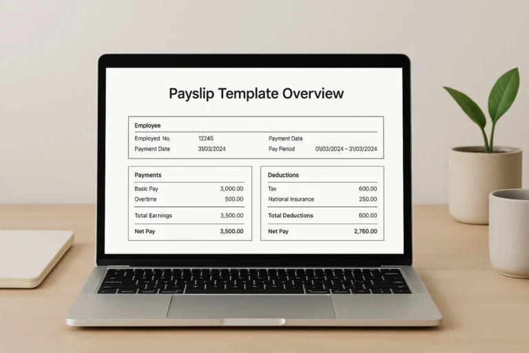 simple payslip template displayed on laptop