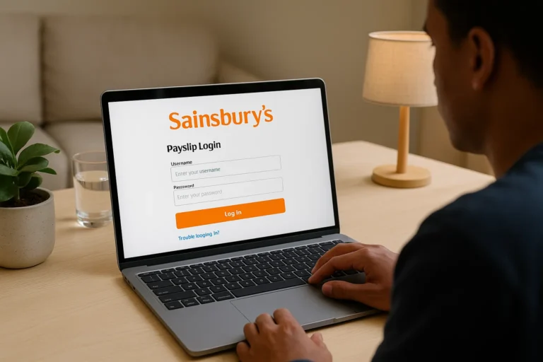 Sainsbury’s employee payslip login portal on laptop